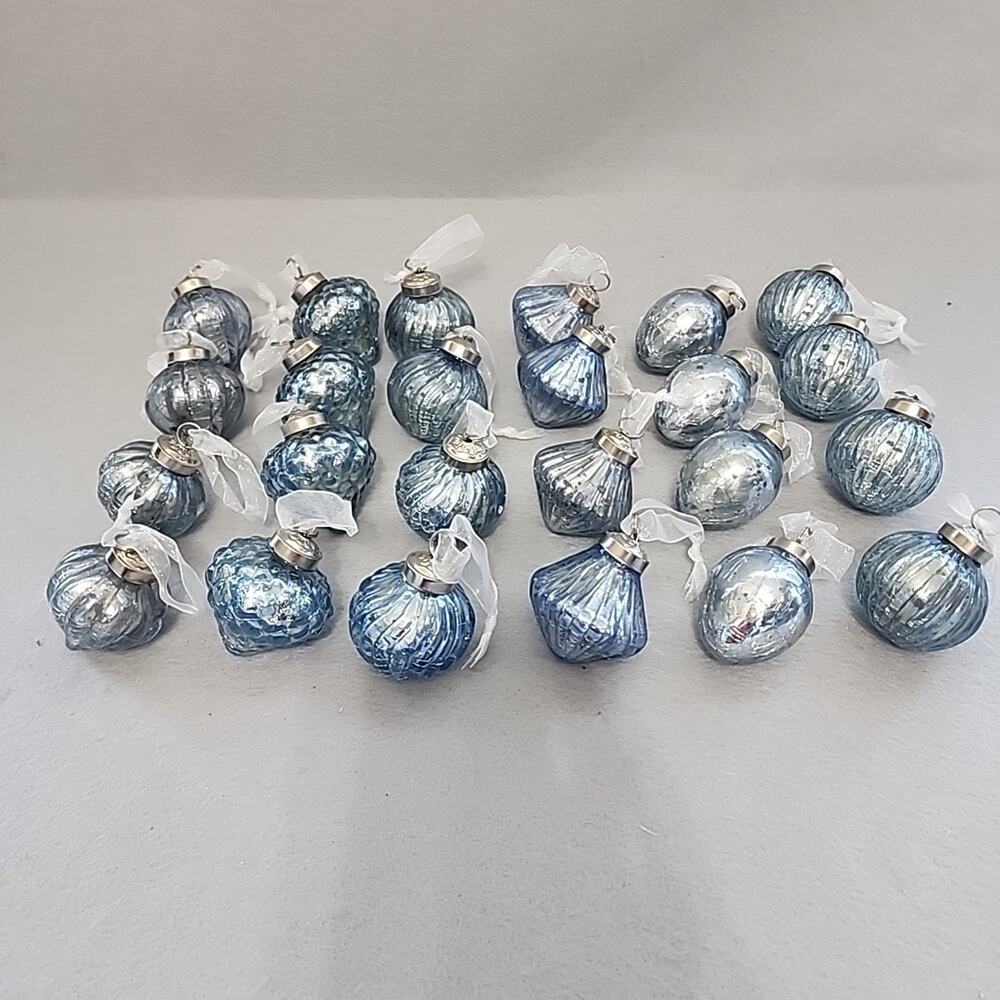 Balsam Hill Set of 24 Light Blue‎ Mercury Glass Mini Ornaments 4ea of 6 Shapes